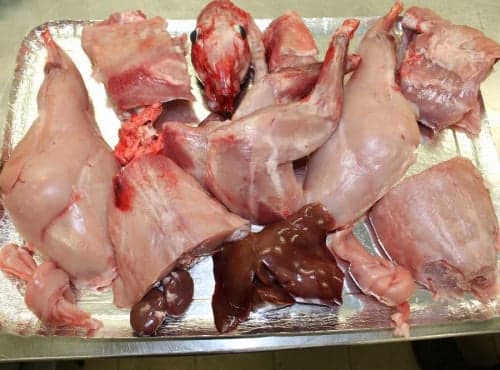 Morceaux de Lapin découpé : 2 cuisses, 2 râbles, 2 pattes, 2 Foies